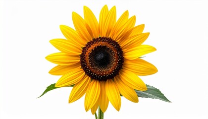 Fototapeta premium Sunflower in full bloom with bright yellow petals and central brown-green disc on white background for editorial botanical photography summer decor and poetic positivity-themed visuals