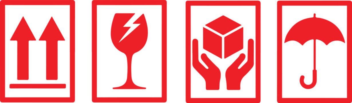 Packaging symbols, fragile and packing care label, vector illustration. Fragile. Handle with care. Keep away from water. This side up. Packaging symbols. icon set.