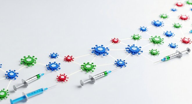 Medical and healthcare vaccination background featuring syringes and virus particles, suitable for immunization, disease prevention, pharmaceutical concepts, and editable text space if available