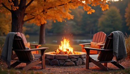 Empty chairs surround a stone fire pit with bright flames burning. Autumn trees with orange leaves offer shade. Evening scene invites outdoor relaxation by warm glow.