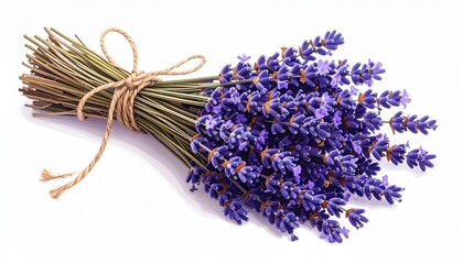 Lavender bouquet with vibrant purple flowers and twine-tied stems on white background for editorial botanical photography wellness decor and poetic calm-themed visuals