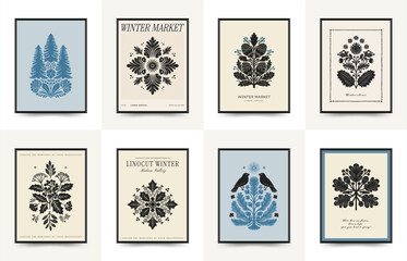 Merry Christmas and Happy New Year linocut poster template. Modern trendy Matisse minimal style. Hand drawn design for wallpaper, wall decor, print, postcard, cover, template, banner.