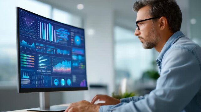 A man in glasses studies complex graphs and analytics dashboards on a widescreen monitor in a bright office. The scene highlights data driven decision making and advanced digital technology