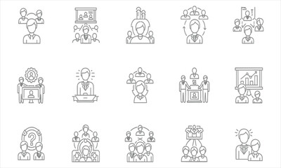Fototapeta premium Business management and leadership icon set illustrating concepts of corporate hierarchy, teamwork, and human resources