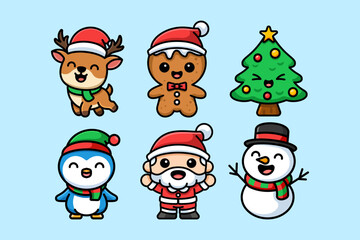 Cute Christmas Characters in Kawaii Cartoon Style