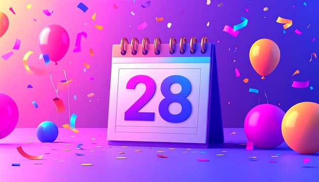 Festive party background with a desk calendar marking the 28th, with vibrant balloons and confetti