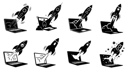 Obraz premium Laptop Rocket Launch Vector Set: Startup Concept with Laptop and Rocket Silhouette Illustrations for Business and Technology