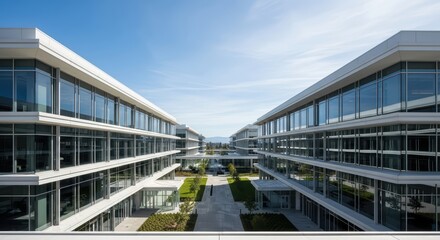 Fototapeta premium Modern office buildings with glass facades and symmetrical architecture