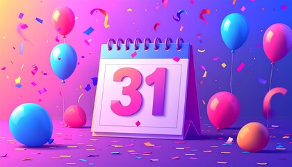 Vibrant graphic of a calendar showing day 31, with festive confetti and colorful balloons, ideal for celebration events