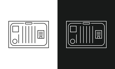 Minimalist Workspace Layout Icon Illustration Featuring Organized Desk Items Including Circular Object, Notebook, and Document in Split Black and White Contrast, Visual Symbol for Productivity Office.