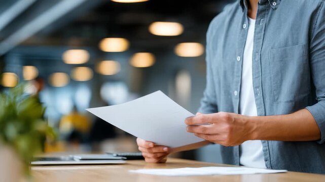 Focused man reviews printed documents in a stylish open office, ready for a productive workday. Modern business atmosphere highlights organization and efficiency in daily tasks