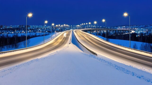 Illuminated winter highway at midnight near Tver, showcasing a tranquil road under beautiful street lights