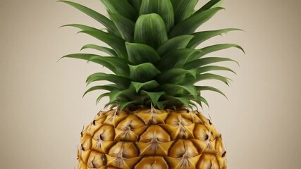 A close-up view of a fresh, ripe pineapple, showcasing its textured, golden-yellow skin and vibrant green crown