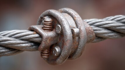 A close up view of a steel cable secured with a bolted clamp