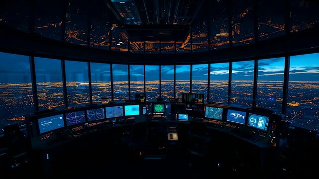 Air traffic control tower interior with panoramic night city view and multiple monitors