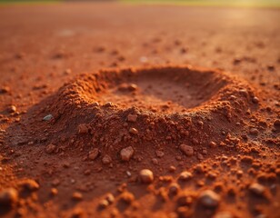 Close up on baseball pitcher mound infield dirt with rough texture. Red clay mound shows indentations, stones, and worn patches. Outdoor sports background.