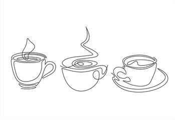 Continuous Line Art Drawing of Hot Coffee Cups. line icon-continuous line drawing. Editable stroke. 
