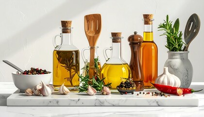 A vibrant culinary scene showcasing oils, spices, and fresh herbs arranged on a marble surface