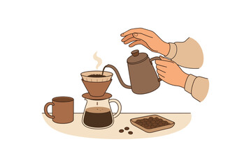 preparing pour over coffee slow morning ritual and sensory enjoyment flat vector illustration style isolated on white background