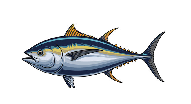 A detailed pixel art illustration of a vibrant tuna fish with sharp fins and a powerful body swimming in the ocean.