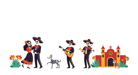 Dia de los Muertos celebration with skeletons dancing playing music and a church.