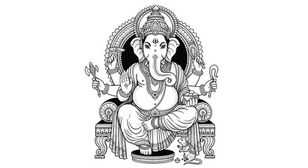 Fototapeta premium An intricate black and white illustration of the Hindu deity Ganesha seated majestically on a decorative throne with multiple arms and an ornate headdress.