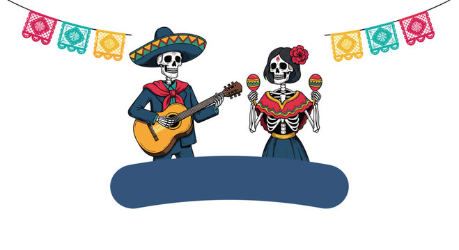 Day of the dead skeletons playing music and dancing under festive decorations.