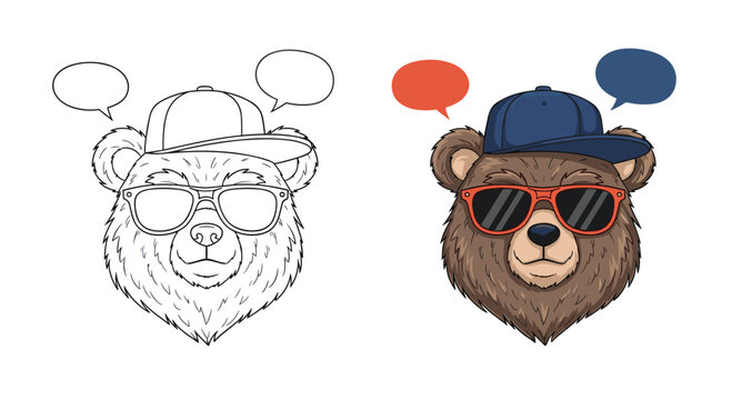 Adorable cartoon bear wearing a baseball cap and sunglasses speaks with speech bubbles for communication and expression.