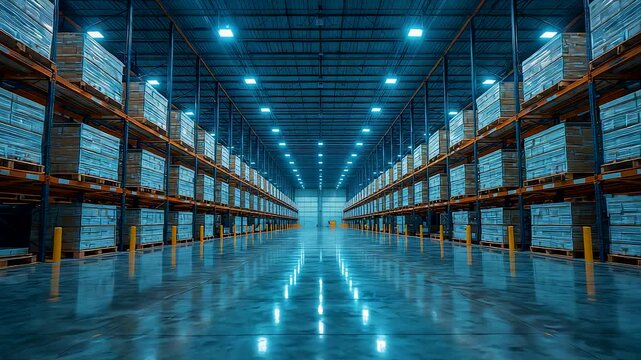 Vast warehouse interior filled with stacked pallets under bright blue ceiling lights