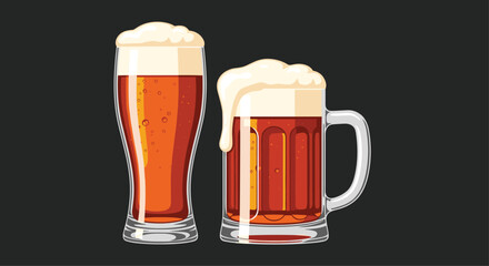 Two refreshing glasses of amber colored beer with frothy heads are shown against a black background, one in a tall Pilsner glass and the other in a classic beer mug.