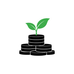 Green sprout growing from stack of coins symbolizing financial growth and investment in future success, on white backdrop.