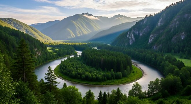 Scenic river winding through lush green valley surrounded by majestic mountains under sunlight.