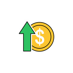 Green arrow pointing upwards next to a gold coin symbolizes financial growth and investment success on a clean white surface, conveying optimism and achievement.