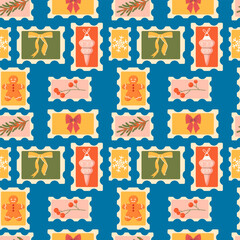 Vintage seamless pattern with hand drawn Christmas stamps. Vector illustration for winter holidays. Vector illustration