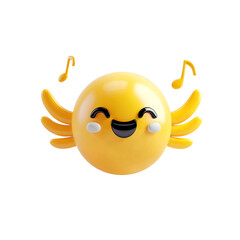 Smiling yellow cartoon character with music notes flying around symbolizing the concept of music singing happily isolated