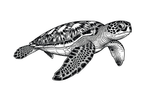 This illustration depicts a detailed black and white drawing of a sea turtle gracefully swimming through the ocean waters.