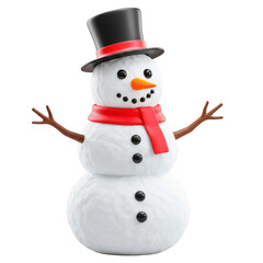 A cheerful snowman with a black top hat and red scarf isolated on transparent background, standing tall and exuding winter charm and holiday spirit