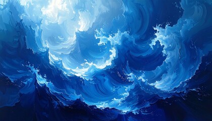 An abstract ocean scene depicts swirling, stylized waves illuminated by bright light. Shades of blue dominate the imagery