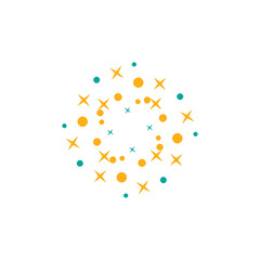 Abstract arrangement of gold stars and teal dots swirling in a circular motion on a white surface creating a festive and celebratory atmosphere.