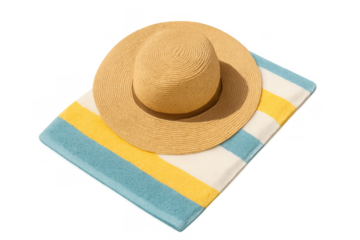 Straw hat resting on a striped beach towel, symbolizing summer vacation, travel, and relaxing by the ocean
