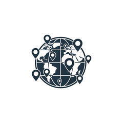 Globe shows location pins around the world, symbolizing global connectivity and navigation for business and travel, creating a sense of global outreach.