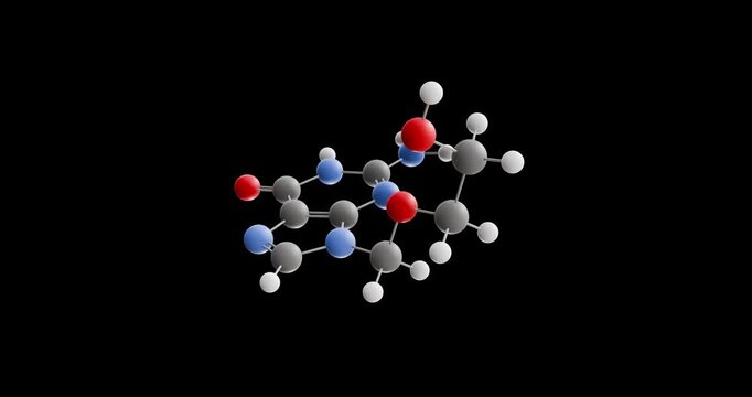 Aciclovir molecule, rotating 3D model of antiviral medication, looped video on a black background
