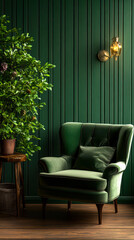 Obraz premium Dark Green Interior Retro Armchair with Indoor Plant and Vintage Wall Lamp in Cozy Home Setting 3D Render