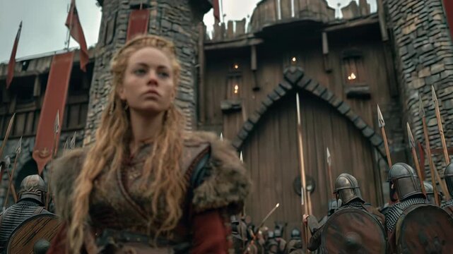 Fierce Warrior Woman Standing Before Castle Gates in Medieval Battle Scene