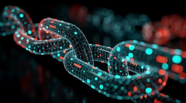 Smart Contract Blockchain: Digital ledger blocks connected by glowing encrypted chains with binary code flowing
