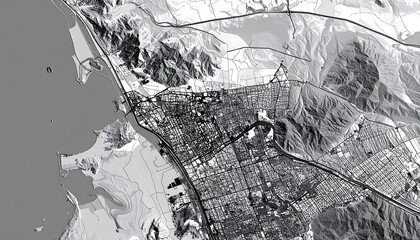 A grayscale, topographical rendering of a coastal city, showing urban grid, mountains, water bodies, and detailed natural features