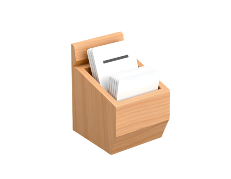 Wooden dispenser with white paper tickets or receipts inside isolated on transparent background