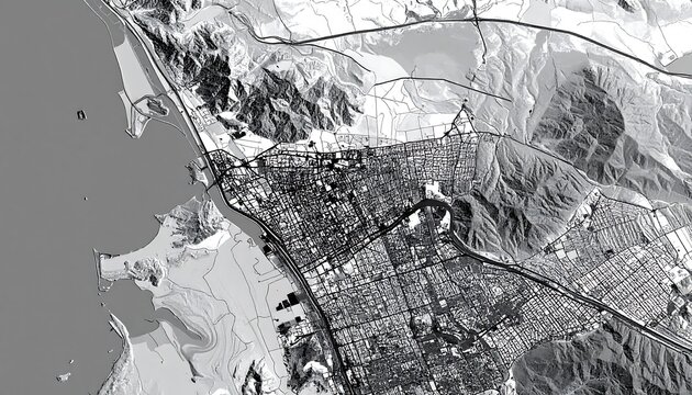 A grayscale, topographical rendering of a coastal city, showing urban grid, mountains, water bodies, and detailed natural features