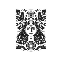 Merry Christmas and Happy New Year illustration, for greeting cards, posters, holiday covers. Xmas festive linocut black hand drawn.