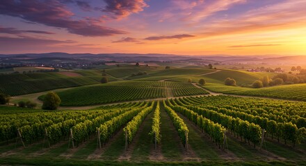 Naklejka premium Vineyard landscape at sunrise with vibrant sky and rolling hills.